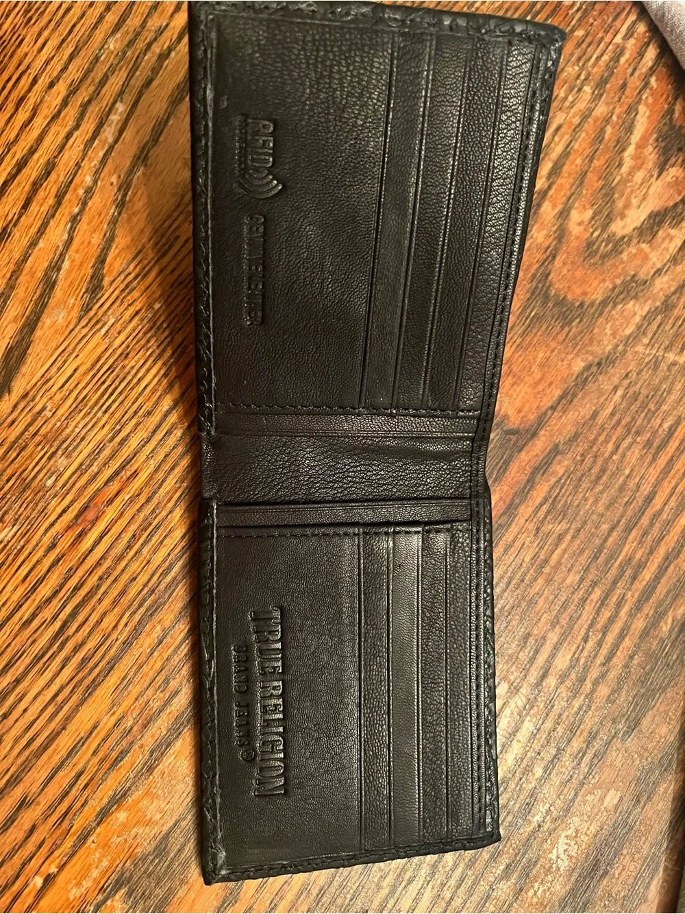 True Religion Black Embossed Leather Bifold Card Holder